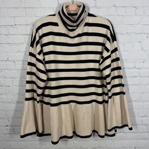 Preppy Oversized Turtleneck Sweater Women Medium Striped Flared Hem Bell Sleeve